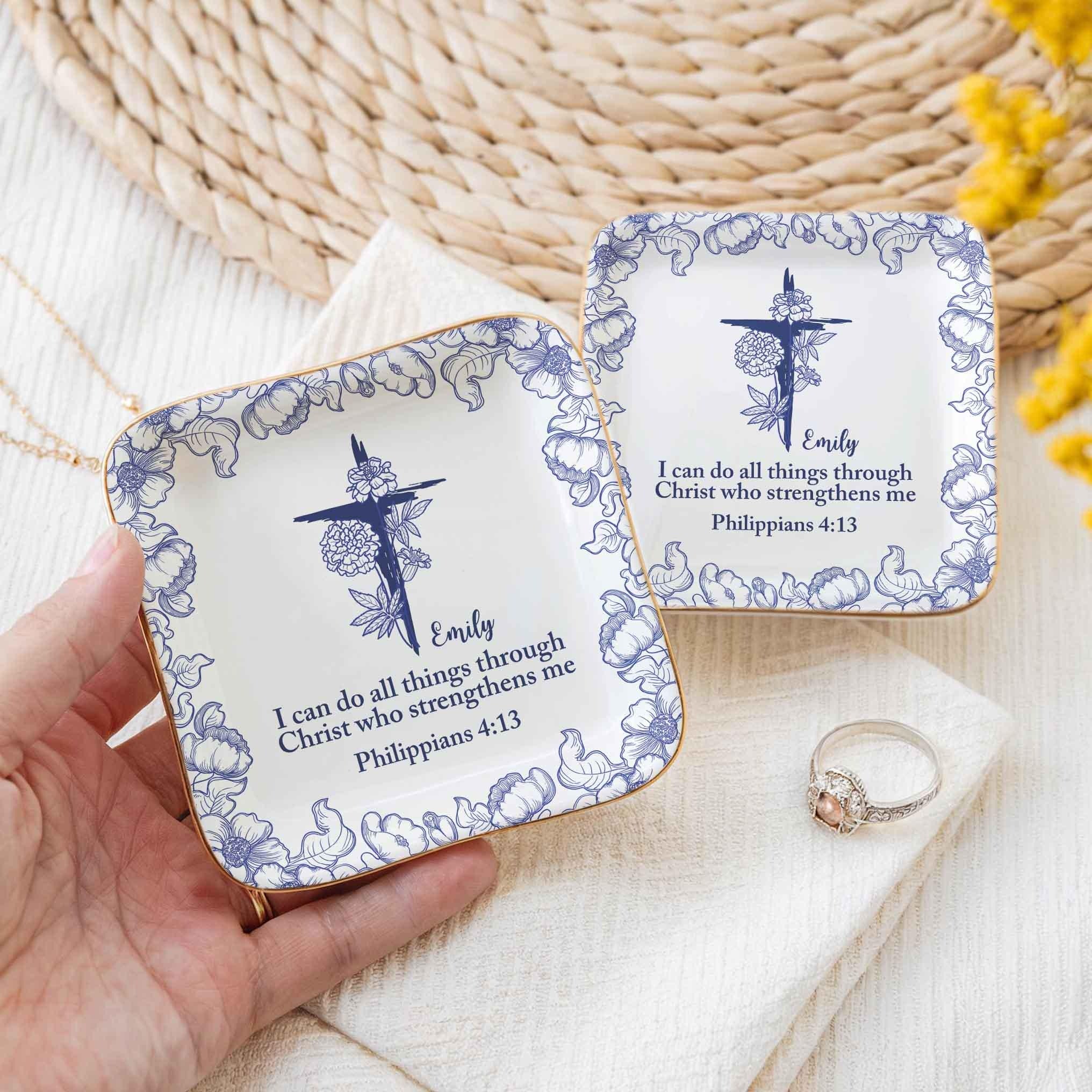 I Can Do All Things Birth Flower Jewelry Dish, Toile De Jouy Ring Dish, Christian Gift, Bible Verse Tray, Personalized Faith Gift  JDLAF05